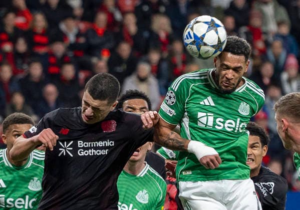 Leverkusen, BayArena, 10.12.25, GER, Herren, UEFA Champions League, Season 2025-2026, Bayer 04 Leverkusen - Newcastle United. Image: Header from JOELINTON (Newcastle United, 7) UEFA regulations prohibit any use of photographs as image sequences and or quasi-video. Copyright: HMBxMedia xMarcoxBader