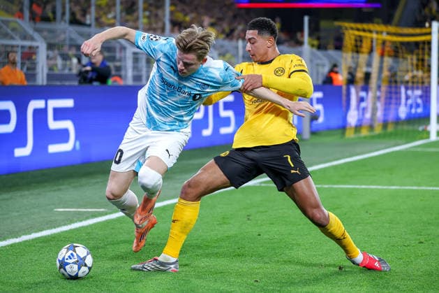 10.12.2025, Fußball, UEFA Champions League, Borussia Dortmund - FK Bodö Glimt, BVB Stadion, 5. Spieltag, Saison 2025 2026: Jens Petter Hauge (Bodo Glimt 10) im Zweikampf gegen Jobe Bellingham (BVB 07) Regulations prohibit any use of photographs as image sequences and or quasi-video. Nordrhein-Westfalen Deutschland