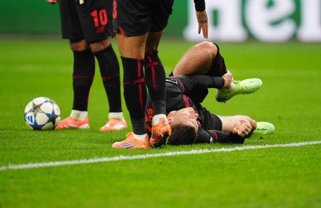 Patrik Schick (Bayer 04 Leverkusen) on the ground UEFA Champions League 2025 26 League Phase match between Bayer 04 Leverkusen and Newcastle at BayArena on December 10, 2025 in Leverkusen, Germany. (Photo by Thor Wegner DeFodi Images)