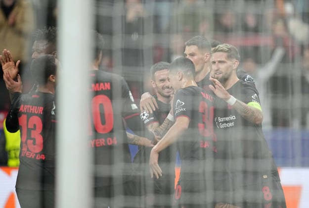 Rodert Andrich (Bayer 04 Leverkusen) celebrate UEFA Champions League 2025 26 League Phase match between Bayer 04 Leverkusen and Newcastle at BayArena on December 10, 2025 in Leverkusen, Germany. (Photo by Thor Wegner DeFodi Images)