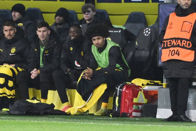 Karim Adeyemi (Borussia Dortmund), Serhou Guirassy (Borussia Dortmund), Pascal Groß (Borussia Dortmund), Pascal Gross, v.re. 10.12.2025, Fussball, UEFA Champions League 2025 2026, 6. Spieltag, Borussia Dortmund - FK Bodö Glimt UEFA regulations prohibit any use of photographs as image sequences and or quasi-video Dortmund Signal Iduna Park Nordrhein Westfalen Deutschland