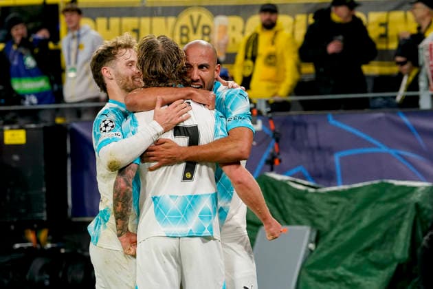 Haitam Aleesami (FK Bodo Glimt) celebrates after scoring his team s first goal with teammates during the UEFA Champions League 2025 26 League Phase MD6 match between Borussia Dortmund and FK Bodo Glimt at BVB Stadion Dortmund on December 10, 2025 in Dortmund, Germany. (Photo by Alex Gottschalk DeFodi Images)