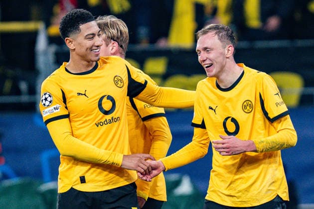 10.12.2025, Borussia Dortmund vs. FK Bodo Glimt, UEFA Champions League, 6.Spieltag Tor zum 2:1 durch Julian Brandt (Borussia Dortmund, 10) Yan Couto(Borussia Dortmund, 2) Jobe Bellingham (Borussia Dortmund, 7) Regulations prohibit any use of photographs as image sequences and or quasi video Copyright: xBahhoxKarax