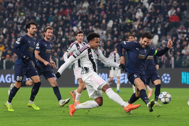 Turin, Italy, 10th December 2025. Weston McKennie of Juventus scores to give the side a 1-0 lead during the Juventus vs Pafos FC UEFA Champions League match at Juventus Stadium, Turin. Picture credit should read: Jonathan Moscrop Sportimage EDITORIAL USE ONLY. No use with unauthorised audio, video, data, fixture lists, club league logos or live services. Online in-match use limited to 120 images, no video emulation. No use in betting, games or single club league player publications. SPI_035_JM_JUVE_PAFOS_UCL SPI-4325-0035