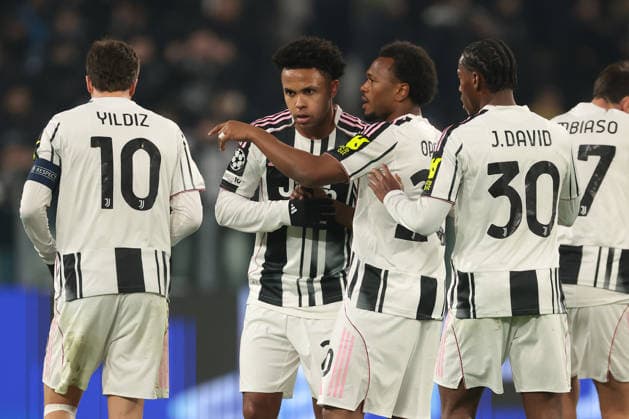 Turin, Italy, 10th December 2025. Weston McKennie of Juventus celebrates with team mates after scoring to give the side a 1-0 lead during the Juventus vs Pafos FC UEFA Champions League match at Juventus Stadium, Turin. Picture credit should read: Jonathan Moscrop Sportimage EDITORIAL USE ONLY. No use with unauthorised audio, video, data, fixture lists, club league logos or live services. Online in-match use limited to 120 images, no video emulation. No use in betting, games or single club league player publications. SPI_040_JM_JUVE_PAFOS_UCL SPI-4325-0040