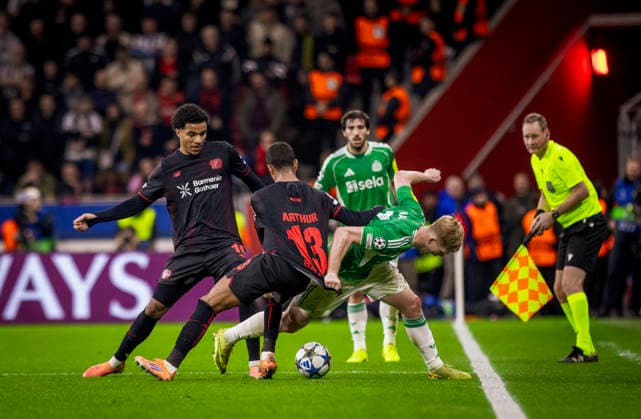 Leverkusen, Germany. 10th Dec 2025. . Malik Tillman (Leverkusen) Arthur (Leverkusen) Lewis Hall (New) Bayer Leverkusen - Newcastle United 10.12.2025