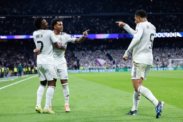 December 10, 2025, Madrid, Madrid, Spain: Rodrygo of Real Madrid CF celebrates a goal with Vinicius Junior and Jude Bellingham of Real Madrid CF during the UEFA Champions League 2025 26 League Phase MD6 match between Real Madrid C.F. and Manchester City at Bernabeu stadium on December 10, 2025 in Madrid, Spain. Madrid Spain - ZUMAa181 20251210_zaa_a181_190 Copyright: xDennisxAgyemanx