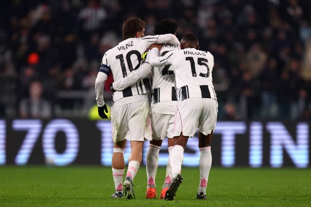 Weston Mckennie (Juventus Fc) celebrates after scoring his team s first goal with team mates, UEFA Champions League 2025 26 League Phase MD6, Juventus v Pafos Fc - UEFA Champions League 2025 26 League Phase MD6, Allianz Stadium, December 10, 2025, Turin, Italy.
