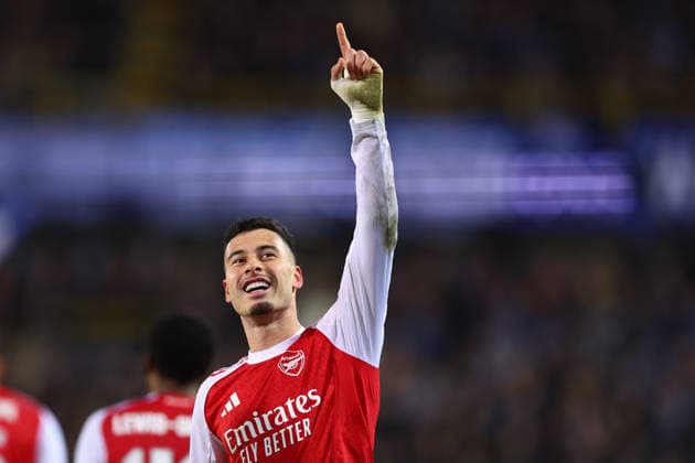 Brugge, Belgium, 10th December 2025. Gabriel Martinelli of Arsenal celebrates after scoring to make it 3-0 during the Club Brugge vs Arsenal UEFA Champions League match at Jan Breydel Stadium, Brugge. Picture credit should read: Paul Terry Sportimage EDITORIAL USE ONLY. No use with unauthorised audio, video, data, fixture lists, club league logos or live services. Online in-match use limited to 120 images, no video emulation. No use in betting, games or single club league player publications. SPI_059_PT_Brugge_Arsenal SPI-4360-0059
