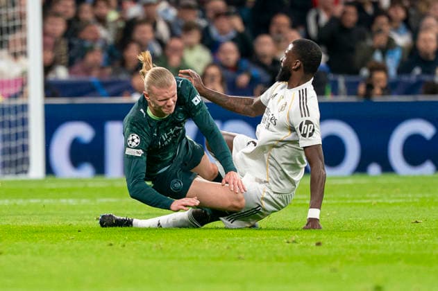 Real Madrid CF s Antonio Rudiger (R) and Manchester City FC s Erling Haaland during Champions League 2025 2026 match. December 10,2025. (20251210029)