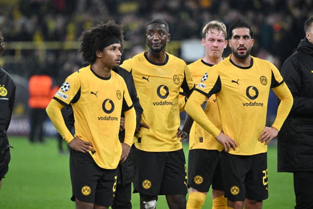 Karim Adeyemi (Borussia Dortmund), Serhou Guirassy (Borussia Dortmund), Julian Brandt (Borussia Dortmund), Emre Can (Borussia Dortmund), v.li., nach dem Spiel 10.12.2025, Fussball, UEFA Champions League 2025 2026, 6. Spieltag, Borussia Dortmund - FK Bodö Glimt UEFA regulations prohibit any use of photographs as image sequences and or quasi-video Dortmund Signal Iduna Park Nordrhein Westfalen Deutschland