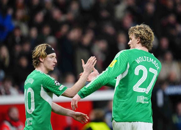 Anthony Gordon (Newcastle United) and Nick Woltemade (Newcastle United) celebrate UEFA Champions League 2025 26 League Phase match between Bayer 04 Leverkusen and Newcastle at BayArena on December 10, 2025 in Leverkusen, Germany. (Photo by Thor Wegner DeFodi Images) *** Anthony Gordon Newcastle United and Nick Woltemade Newcastle United celebrate UEFA Champions League 2025 26 League Phase match between Bayer 04 Leverkusen and Newcastle at BayArena on December 10, 2025 in Leverkusen, Germany Photo by Thor Wegner DeFodi Images