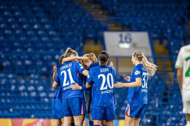 Players of Chelsea celebrate a goal during the match between Chelsea and Roma in the UEFA Women s Champions League - League Stage at Stamford Bridge, London, England on Wednesday 10th December 2025. Copyright: xClairexJeffreyx xSPPx Sportspressphoto_SPR72774