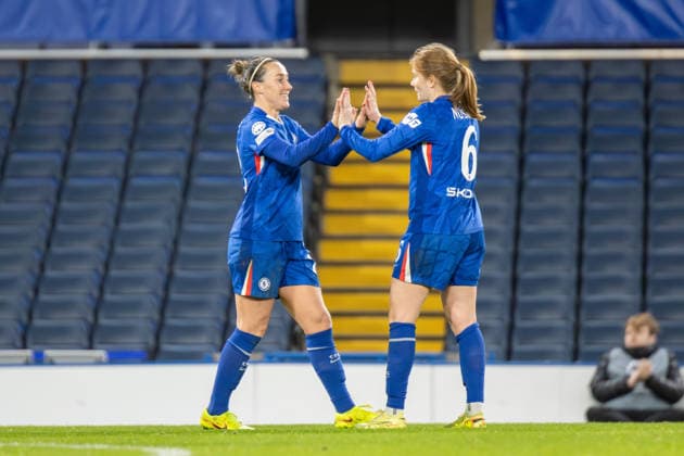 Lucy Bronze (22 Chelsea) celebrates her goal with Sjoeke Nusken (6 Chelsea) during the match between Chelsea and Roma in the UEFA Women s Champions League - League Stage at Stamford Bridge, London, England on Wednesday 10th December 2025. Copyright: xClairexJeffreyx xSPPx Sportspressphoto_SPR72792