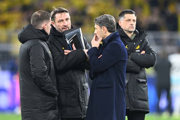 Co-Trainer Robert KOVAC (DO) 2.v.l., , Trainer Niko KOVAC (DO) 3.v.l. , Borussia Dortmund enttaeuscht, enttäuscht, Enttäuschung, Enttaeuschung Fussball UEFA Champions League Gruppenphase 6. Spieltag, matchday6, Borussia Dortmund (DO) - FK Bodoe Glimt 2-2 am 10.12.2025 in Dortmund Deutschland. UEFA regulations prohibit any use of photographs as image sequences and or quasi-video Â