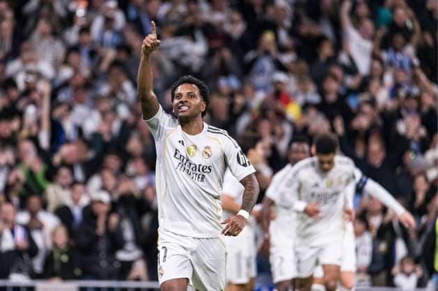UEFA Champions League soccer match Real Madrid vs Manchester City at Santiago Bernabeu stadium in Madrid, Spain. 10 December 2025 Rodrygo scores a goal 900 Cordon Press  900 CordonxPress LOF - UEFA Champions League Real Madrid vs Manchester City