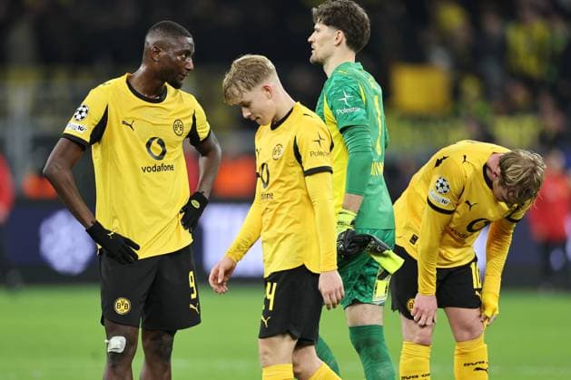 DORTMUND - (l-r) Serhou Guirassy of Borussia Dortmund, Daniel Svensson of Borussia Dortmund, Borussia Dortmund goalkeeper Gregor Kobel, Julian Brandt of Borussia Dortmund are upset during the Champions League match between Borussia Dortmund and FK Bodo Glimt at Signal Iduna Park on December 10, 2025, in Dortmund, Germany. ANP Hollandse Hoogte Bart Stoutjesdijk UEFA Champions League 2025 26 xVIxANPxSportx xBartxStoutjesdijkxIVx 544536164 originalFilename: 544536164.jpg