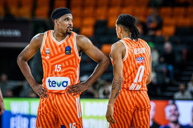 Justin Simon (ratiopharm ulm) und Nelson Weidemann (ratiopharm ulm) looks dejected during the Basketball Eurocup match between ratiopharm ulm and Turk Telekom Ankara at ratiopharm Arena on December 10, 2025 in Neu-Ulm, Germany. (Photo by Harry Langer DeFodi Images)
