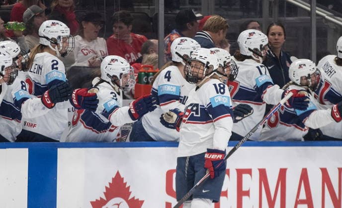 December 10, 2025, Edmonton, Ab, CANADA: United States Jesse Compher (18) celebrates a goal against Canada during first period Rivalry Series action in Edmonton on Wednesday, December 10, 2025. Canada News - December 10, 2025  - ZUMAc35_ 20251210_zaf_c35_092 Copyright: xJasonxFransonx