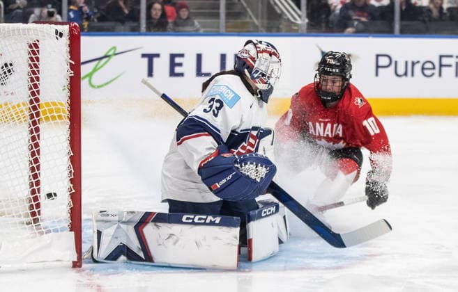 December 10, 2025, Edmonton, Ab, CANADA: United States goalie Gwyneth Philips (33) is scored on by Canada s Sarah Fillier (10) during first period Rivalry Series action in Edmonton on Wednesday, December 10, 2025. Canada News - December 10, 2025  - ZUMAc35_ 20251210_zaf_c35_093 Copyright: xJasonxFransonx