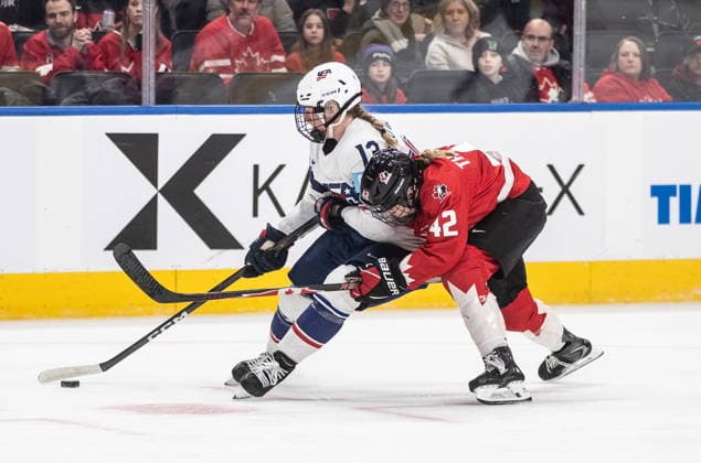 December 10, 2025, Edmonton, Ab, CANADA: United States Grace Zumwinkle (13) and Canada s Claire Thompson (42) battle for the puck during second period Rivalry Series action in Edmonton on Wednesday, December 10, 2025. Canada News - December 10, 2025  - ZUMAc35_ 20251210_zaf_c35_116 Copyright: xJasonxFransonx