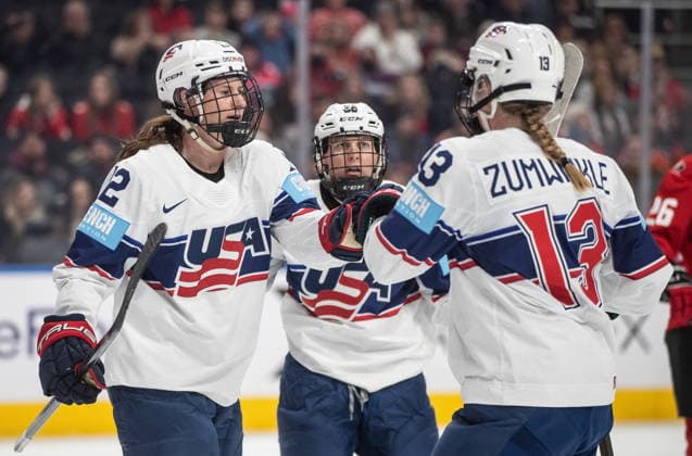 December 10, 2025, Edmonton, Ab, CANADA: United States Kelly Pannek (12), Kendall Coyne Schofield (26) and Grace Zumwinkle (13) celebrate a goal against Canada during second period Rivalry Series action in Edmonton on Wednesday, December 10, 2025. Canada News - December 10, 2025  - ZUMAc35_ 20251210_zaf_c35_115 Copyright: xJasonxFransonx