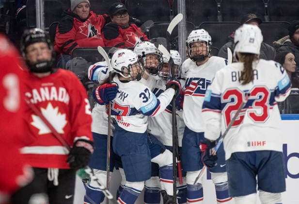 December 10, 2025, Edmonton, Ab, CANADA: United States players celebrates a goal against Canada during second period Rivalry Series action in Edmonton on Wednesday, December 10, 2025. Canada News - December 10, 2025  - ZUMAc35_ 20251210_zaf_c35_118 Copyright: xJasonxFransonx