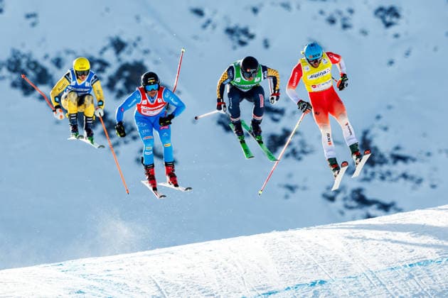 SKI CROSS - FIS WC Val Thorens VAL THORENS,FRANCE,11.DEC.25 - SKI CROSS - FIS World Cup, Ski Cross, ladies, men. Image shows Niklas Bachsleitner (GER), Dominik Zuech (ITA), Erik Mobaerg (SWE) and Alex Fiva (SUI).  GEPAxpictures xMaticxKlansek