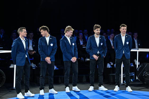 Decathlon - CMA CGM Cycling Team 2026 Presentation Nicolas Prodhomme from France, Gianluca Pollefliet from Belgium, Rasmus Sojberg Pedersen from Denmark, Aurelien Paret-Peintre from France, and Oliver Naesen from Belgium participate in the team presentation of the DECATHLON - CMA CGM cycling team ahead of the upcoming 2026 season in Villeneuve d Ascq, France, on December 11, 2025, at the Decathlon Campus store. Villeneuve d Ascq France  Copyright: xGautierxDemouveauxx originalFilename:demouveaux-notitle251211_np54L.jpg