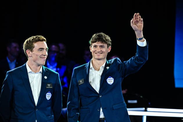 Decathlon - CMA CGM Cycling Team 2026 Presentation Belgian rider Stan Dewulf and Swiss rider Felix Gall participate in the team presentation ahead of the coming 2026 season in Villeneuve d Ascq, France, on December 11, 2025. Villeneuve d Ascq France  Copyright: xGautierxDemouveauxx originalFilename:demouveaux-notitle251211_np5dX.jpg