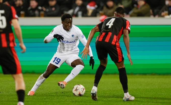 Genk s Yaimar Medina fights for the ball during a soccer game between Danish FC Midtjylland and Belgian KRC Genk, on Thursday 11 December 2025 in Herning, Denmark, on the sixth game (out of 8) in the league phase of the UEFA Europa League competition. LEONxGONZALES  x148221381x