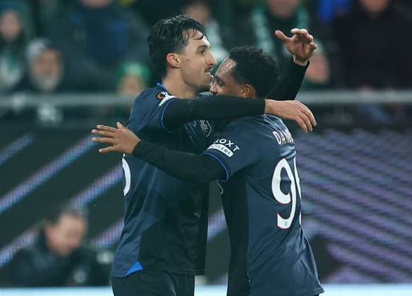 Bojan Miovski of Rangers celebrates scoring the opening goal with team-mate Danilo of Rangers Ferencvaros v Rangers, UEFA Europa League, Group Stage, Football, Groupama Arena, Budapest, Hungary - 11 Dec 2025Budapest Groupama Arena Hungary EDITORIAL USE ONLY No use with unauthorised audio, video, data, fixture lists, club league logos or live services. Online in-match use limited to 120 images, no video emulation. No use in betting, games or single club league player publications. Copyright: xMichaelxZemanek Shutterstockx 16080575r