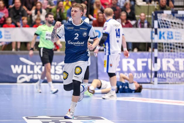 11.12.2025, Handball, HBL, Bergischer HC - ThSV Eisenach, Unihalle Wuppertal: Noah Beyer (BHC 02) jubelnd Nordrhein-Westfalen Deutschland