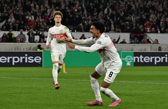 11.12.2025, xsltx, Fussball UEFA Europa League, VfB Stuttgart - Maccabi Tel Aviv v.l. Tiago Tomas (VfB Stuttgart) celebrate the goal, Der Torjubel zum 2:0 Stuttgart