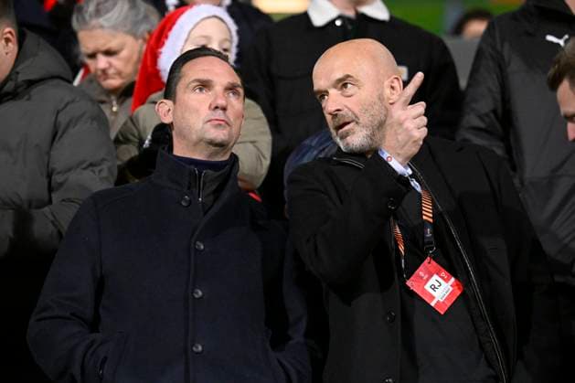 Midtjylland v KRC Genk - UEFA Europa League MIDTJYLLAND, DENMARK - DECEMBER 11 : De Conde Dimitri sports director of KRC Genk and Luc Hooybergs CEO of Racing Genk during the UEFA Europa League 2025 26 League Phase MD6 match between Midtjylland and KRC Genk on December 11, 2025 in Midtjylland, Denmark, 11 12 2025 Midtjylland Denmark  Copyright: xTomasxSiskx