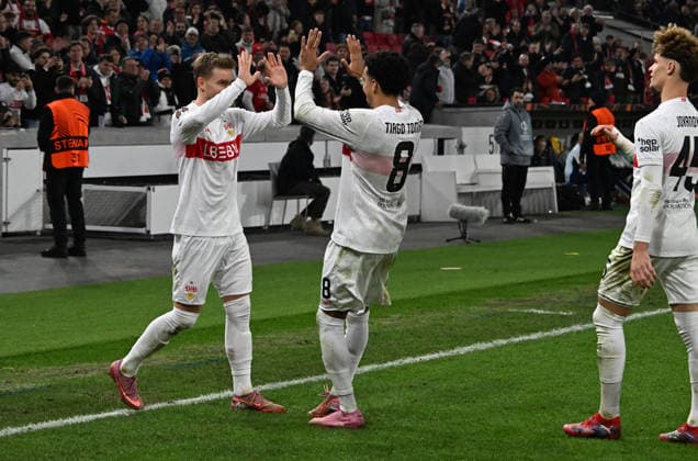 11.12.2025, xsltx, Fussball UEFA Europa League, VfB Stuttgart - Maccabi Tel Aviv v.l. Maximilian Mittelstädt (VfB Stuttgart) celebrate the goal, Der Torjubel zum 3:0 Stuttgart