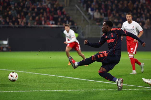Utrecht, Netherlands, 11th December 2025. Arnaud Kalimuendo of Nottingham Forest scores the opening goal during the FC Utrecht vs Nottingham Forest UEFA Europa League match at Stadion Galgenwaard, Utrecht. Picture credit should read: Paul Terry Sportimage EDITORIAL USE ONLY. No use with unauthorised audio, video, data, fixture lists, club league logos or live services. Online in-match use limited to 120 images, no video emulation. No use in betting, games or single club league player publications. SPI_024_PT_Utrecht_Notts_Forest_ SPI-4361-0024