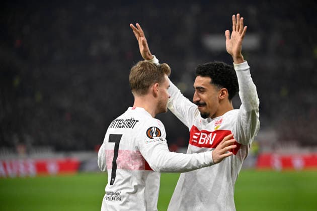 TOR zum 3:0 Elfmeter, Strafstoss Maximilian Mittelstaedt VfB Stuttgart (07) Torjubel Gestik Geste Tiago Tomas VfB Stuttgart (08) VfB Stuttgart vs Maccabi Tel-Aviv FC EUROPA LEAGUE EL 11.12.2025 DFL REGULATIONS PROHIBIT ANY USE OF PHOTOGRAPHS AS IMAGE SEQUENCES AND OR QUASI-VIDEO VfB Stuttgart vs Maccabi Tel-Aviv FC EUROPA LEAGUE EL