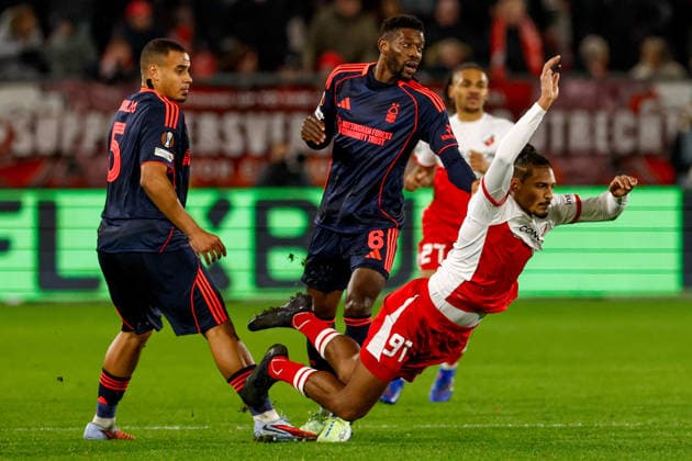 2025-12-11 FC Utrecht v Nottingham Forest FC - UEFA Europa League 2025 26 League Phase MD6 UTRECHT, NETHERLANDS - DECEMBER 11: Sebastien Haller of FC Utrecht battles for possession with Murillo of Nottingham Forest FC, Ibrahim Sangare of Nottingham Forest FC during the UEFA Europa League 2025 26 League Phase MD6 match between FC Utrecht and Nottingham Forest FC at Stadion Galgenwaard on December 11, 2025 in Utrecht, Netherlands. Utrecht Stadion Galgenwaard Netherlands Content not available for redistribution in The Netherlands directly or indirectly through any third parties. Copyright: xBenxGalx