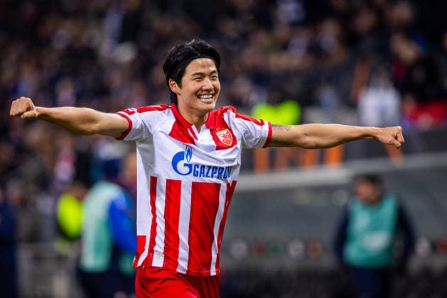 STURM GRAZ - CRVENA ZVEZDA Youngwoo Seol of Crvena Zvezda velebrates a goal during the league phase of UEFA Europa league football match between SK Sturm Graz and FK Crvena Zvezda Belgrade. Graz, Austria, December 11, 2025. Photo by Branislav Racko Copyright: xx 080A4005