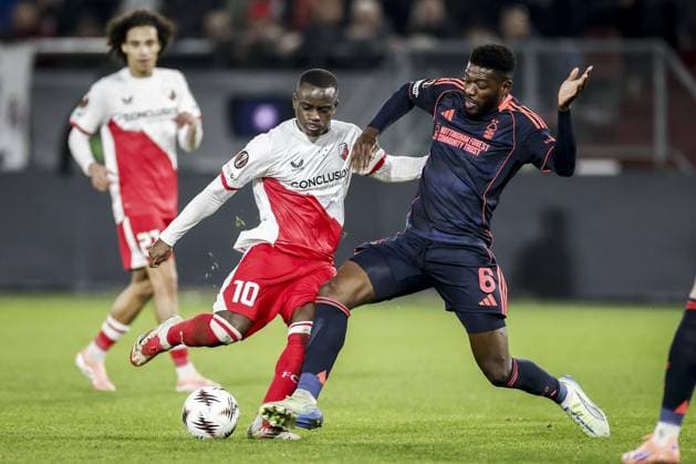UTRECHT - (l-r) Yoann Cathline of FC Utrecht and Ibrahim SangarÃ of Nottingham Forest during the UEFA Europa League match between FC Utrecht and Nottingham Forest at Galgenwaard Stadium on December 11, 2025, in Utrecht, Netherlands. ANP ROBIN VAN LONKHUIJSEN UEFA Europa League matchday 6 2025-2026 xVIxANPxSportx xxANPxIVx 544602512 originalFilename: 544602512.jpg