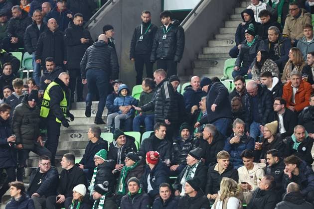 Some Rangers fans being asked to leave the home supporters sector Ferencvaros v Rangers, UEFA Europa League, Group Stage, Football, Groupama Arena, Budapest, Hungary - 11 Dec 2025Budapest Groupama Arena Hungary EDITORIAL USE ONLY No use with unauthorised audio, video, data, fixture lists, club league logos or live services. Online in-match use limited to 120 images, no video emulation. No use in betting, games or single club league player publications. Copyright: xMichaelxZemanek Shutterstockx 16080575bm