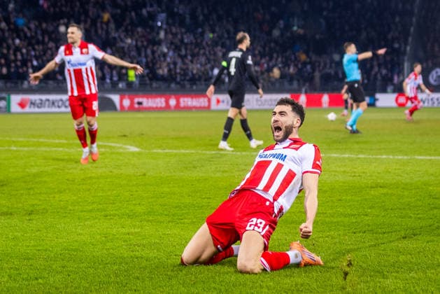 STURM GRAZ - CRVENA ZVEZDA Nayair Tiknizyan of Crvena Zvezda celebrates after the league phase of UEFA Europa league football match between SK Sturm Graz and FK Crvena Zvezda Belgrade. Graz, Austria, December 11, 2025. Photo by Branislav Racko Copyright: xx 080A4626