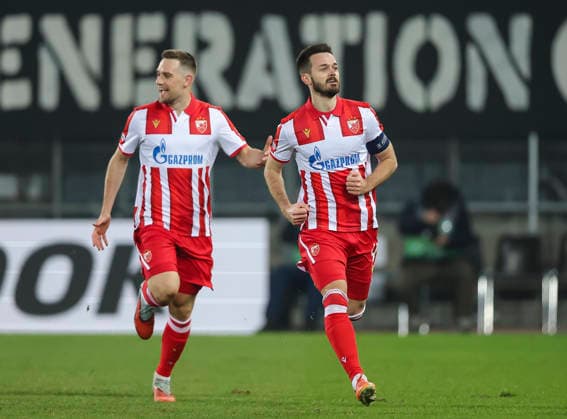 Sturm v Crvena Zvezda, UEFA Europa League, League phase, Matchday 6, season 2025 2026 Mirko Ivanic (R) of Crvena Zvezda celebrates after scoring a goal with Timi Elsnik during the UEFA Europa League football match between Sturm Graz and Crvena Zvezda (Red Star) at Stadion Graz Liebenau on December 11. 2025. in Graz, Austria. Graz Austria Copyright: xPedjaxMilosavljevic STARSPORTx