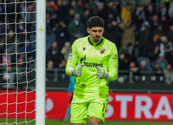 Sturm v Crvena Zvezda, UEFA Europa League, League phase, Matchday 6, season 2025 2026 goalkeeper Matheus Magalhaes of Crvena Zvezda reacts during the UEFA Europa League football match between Sturm Graz and Crvena Zvezda (Red Star) at Stadion Graz Liebenau on December 11. 2025. in Graz, Austria. Graz Austria Copyright: xPedjaxMilosavljevic STARSPORTx