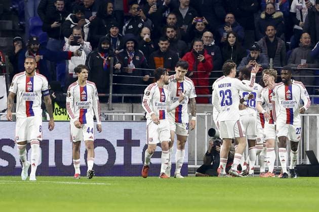 LYON , 17-11-2025 , Groupama Stadium , season 2025 2026 , UEFA Europa League League phase . match between Olympique Lyon and Go Ahead Eagles, Picture shows Olympique Lyonnais players celebrating the goal. Olympique Lyon - Go Ahead Eagles  x200123766x Copyright: