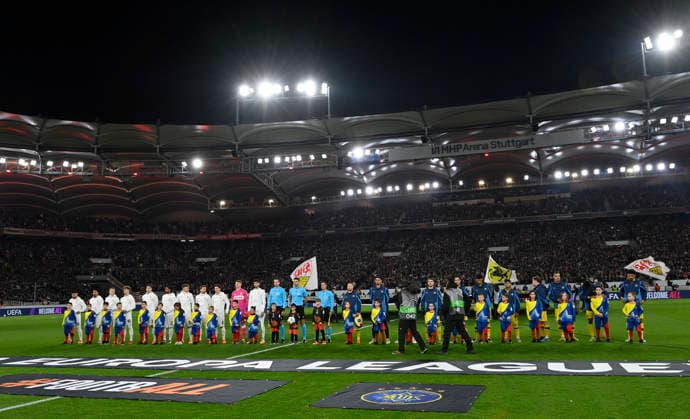 vor Spielbeginn: Aufstellung der Teams Mannschaften VfB Stuttgart vs Maccabi Tel-Aviv FC EUROPA LEAGUE EL 11.12.2025 DFL REGULATIONS PROHIBIT ANY USE OF PHOTOGRAPHS AS IMAGE SEQUENCES AND OR QUASI-VIDEO VfB Stuttgart vs Maccabi Tel-Aviv FC EUROPA LEAGUE EL