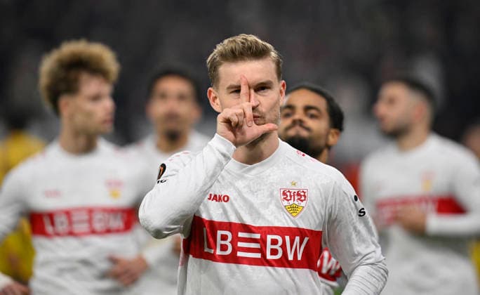 TOR zum 3:0 Elfmeter, Strafstoss Maximilian Mittelstaedt VfB Stuttgart (07) Torjubel Gestik Geste VfB Stuttgart vs Maccabi Tel-Aviv FC EUROPA LEAGUE EL 11.12.2025 DFL REGULATIONS PROHIBIT ANY USE OF PHOTOGRAPHS AS IMAGE SEQUENCES AND OR QUASI-VIDEO VfB Stuttgart vs Maccabi Tel-Aviv FC EUROPA LEAGUE EL