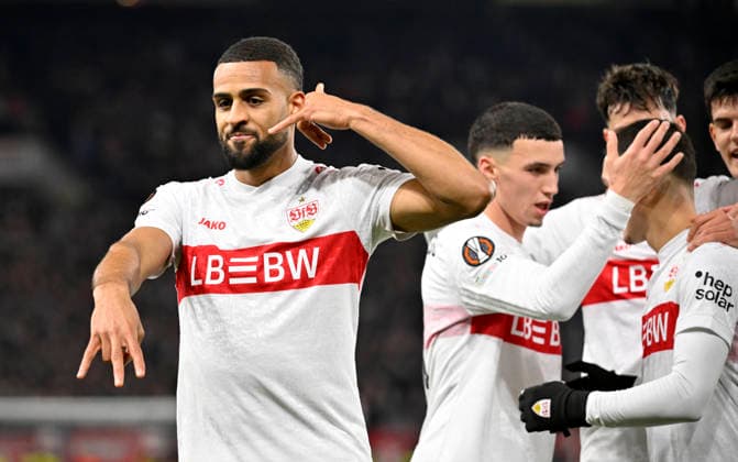 TOR zum 4:1 Josha Vagnoman VfB Stuttgart (04) Torjubel Bilal El Khannouss VfB Stuttgart (11) VfB Stuttgart vs Maccabi Tel-Aviv FC EUROPA LEAGUE EL 11.12.2025 DFL REGULATIONS PROHIBIT ANY USE OF PHOTOGRAPHS AS IMAGE SEQUENCES AND OR QUASI-VIDEO VfB Stuttgart vs Maccabi Tel-Aviv FC EUROPA LEAGUE EL