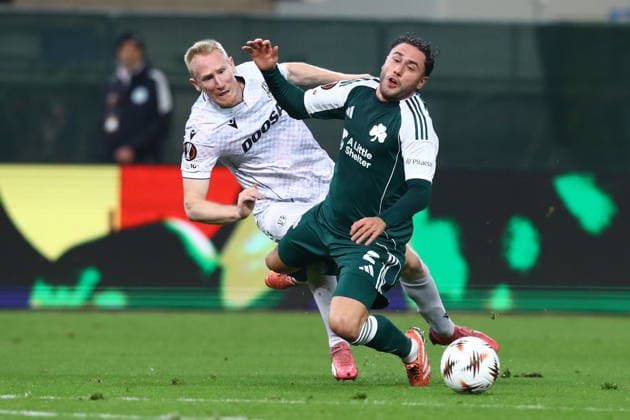 UEFA Europa League - Panathinaikos vs Viktoria Plzen - Ahmed Touba of Panathinaikos in action against Vaclav Jemelka of Viktoria Plzen during the UEFA Europa League Phase matchday 6 soccer match between Panathinaikos and Viktoria Plzen at the Olympic Athletic Center of Athens Spyros Louis in Athens, Greece, 11 Decemberr 2025. IMAGO ONE INCH PRODUCTIONS ATHENS GREECE Copyright: xONExINCHxPRODUCTIONSx 6775392